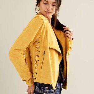 Willow Yellow Leather Jacket with Waterfall Front